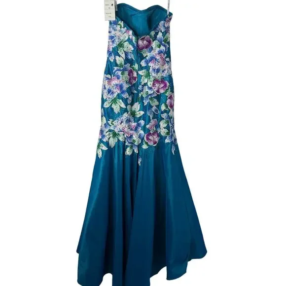 NEW Ellie Wilde Mon Cheri Formal Gown Women 2 Blue Embroider Floral Pageant Prom - Picture 8 of 13